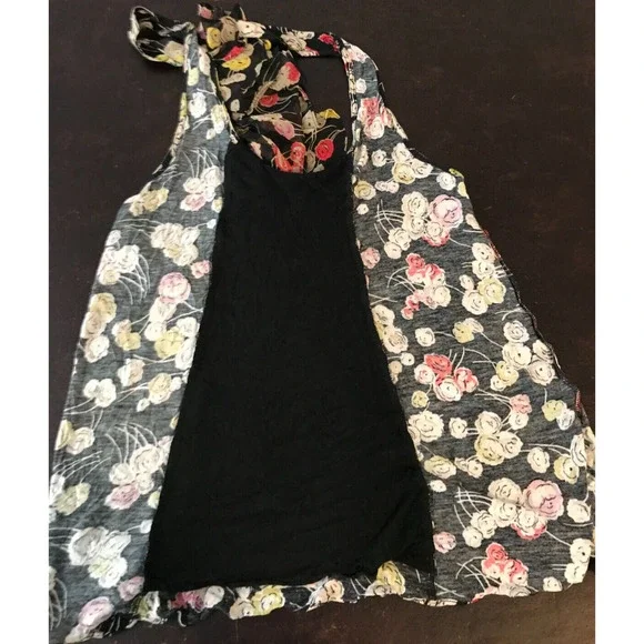 Anthro Ric Rac Floral Racerback Tank Black Sheer Back Ruffle M - Picture 4 of 9